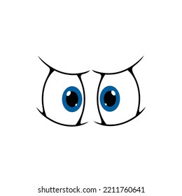 Augen Gesicht lächeln, Cartoon googly Expression, Vektorkomiksymbol. Augen lächeln Emotionen mit Gesichtsausdruck verdächtigen oder wütenden Sternen Aussehen von blauen Augen