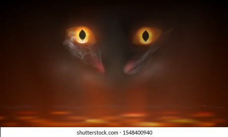 Eyes of a fire-breathing dragon or demon in hell, lava