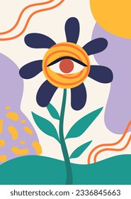 Augen und Blumen abstraktes Poster. Traditionelle Muster und Ornamente mit bunten Pflanzen, Sonnenblumen. Kreativität und Kunst. Vorlage, Layout und Muster. Cartoon-Flavektor-Vektorgrafik