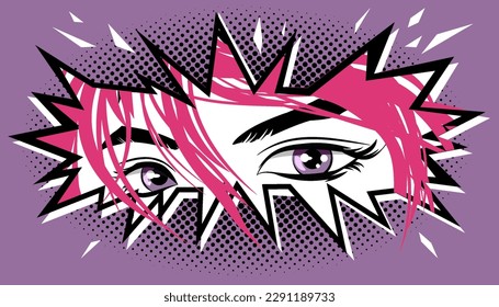 Los ojos de una chica con pelo rosado salen de una grieta en la pared en un estilo manga y anime. Imagen vectorial aislada del fondo.