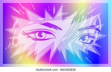 Eyes of a girl in the style of manga and anime. Vector image, on a rainbow holographic background.