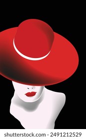 Los ojos de una mujer glamorosa están ocultos por el borde de un Grande sombrero rojo con estilo.