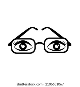 Eyes and glasses, black sign on a white background. Flat vector illustration
