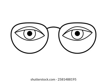 Eyes in glasses for clear vision, line frame eyeglasses. Spectacles with transparent lenses. Vector flat illustration