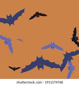 Eyes Gothic Chaos Creepy Purple Bats Vector Background. Attack Violet Sky Motion Halloween Art Illustration. Colorful Black Night Scary Background. Spooky Retro Print Orange Flying Bats Art Pattern.