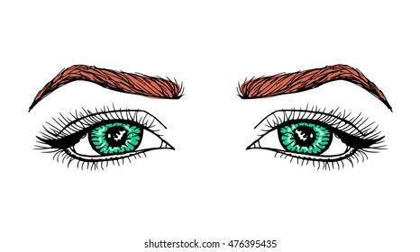 Eyes green vector on a white background. Object isolated illustration. Doodle style. Cloth design, make up,web, color,textiles,vision, cards, invitations, holiday,birthday, girl.Halloween magic.Eps10.