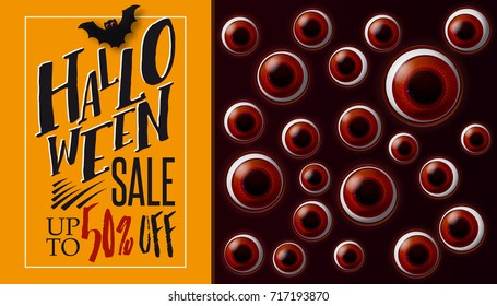 Eyes Halloween SALE banner. Spooky background. Vector illustration. Looking from darkness eyes. Business label