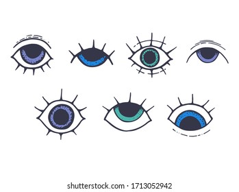 Eyes hand drawn vector illustration. Eyelashes, eyebrows, eyes. Doodle illustration.