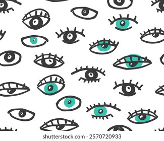  Eyes hand-drawn seamless pattern. Abstract doodle eyes. Vector illustration.