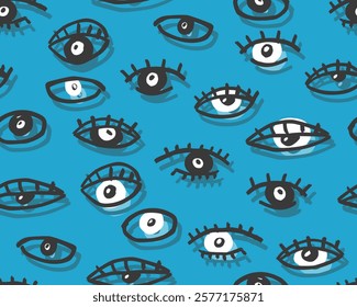  Eyes hand-drawn seamless pattern. Abstract doodle eyes. Vector illustration.