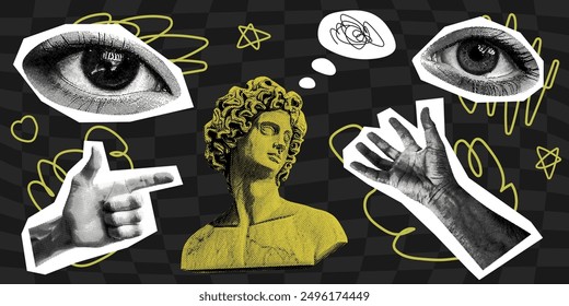 eyes and hands with ancient marble sculpture psychedelic grunge artwork retro halftone dotted сutout pop art y2k collage elements for crazy mixed media design with trendy graffiti doodle shapes