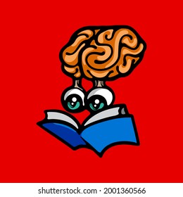 Eyes hanging from a brain reading a book. Vector illustration isolated on red background