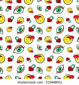 Eyes Heart Locks and Emoticons Seamless Pattern. Fashion Background in Retro Comic Style. Vector illustration