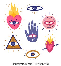 Eyes and hearts doodle set. Cartoon halloween icons, magician with eyes and hearts. Vector illustration