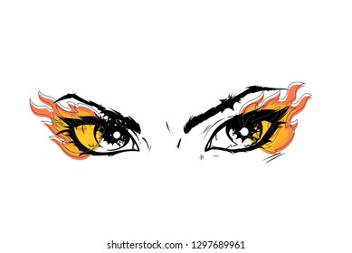 Eyes of a human look of a female image drawn in a vector. Black contour lines and warm colored fire along the edges of the outlines.