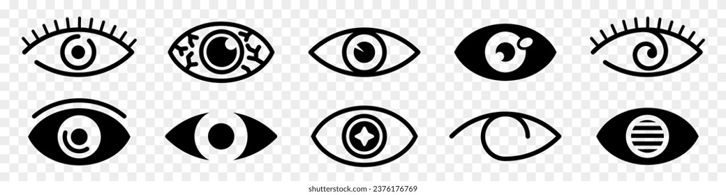 Eyes icon collection. Set of black eye signs. Vision symbols. Retina scan eye icons. View and eye icons
