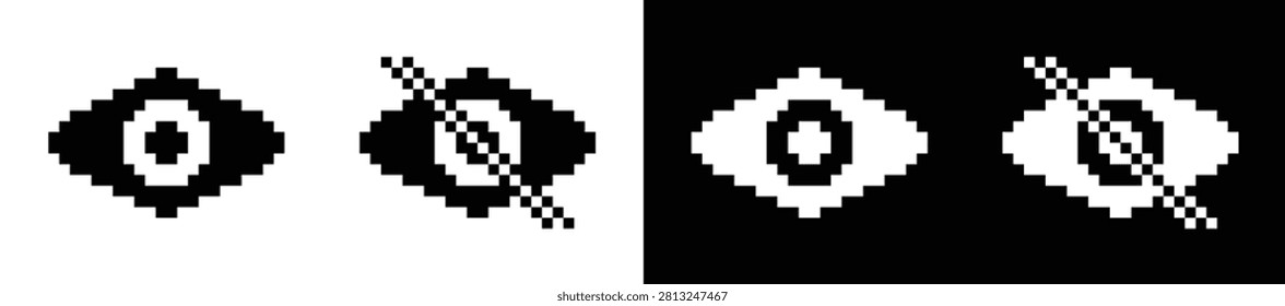Eyes icon pixel art style. See and unsee eye icon. View and preview icon, vector illustration black and white.