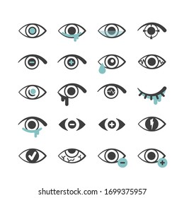 Eyes icons. Ophthalmology medical symbols optical problems with eyes blindness cataracts tears myopia farsightedness. Vector pictograms