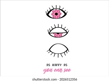 Eyes illustration vector darwing sketch with pink daisy flower,mug,t shirt,phone case fashion slogan style spring summer sticker 