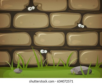 Eyes Inside Rural Stone Wall/
Illustration of a cartoon rural stone wall background, with bricks of rock, grass leaves and lawn, and mouse eyes inside holes