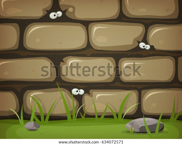Eyes Inside Rural Stone\
Wall/\
Illustration of a cartoon rural stone wall background, with\
bricks of rock, grass leaves and lawn, and mouse eyes inside\
holes