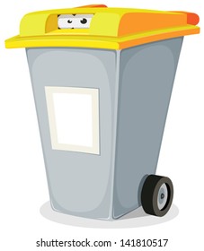 Eyes Inside Trash Bin/ Illustration of a funny cartoon recyclable trash bin character with eyes looking from inside and yellow top, blank signs for ad message