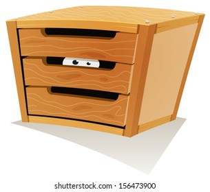 Eyes Inside Wood Drawer/ Illustration of a cartoon wooden storage furniture with drawers and within animal or creature's eyes hiding and looking