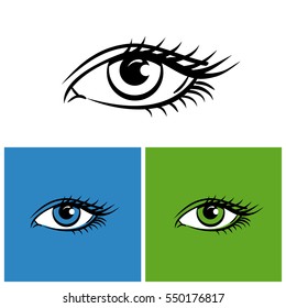 Eyes isolated on white, bright green and blue background. Vector version illustration. 