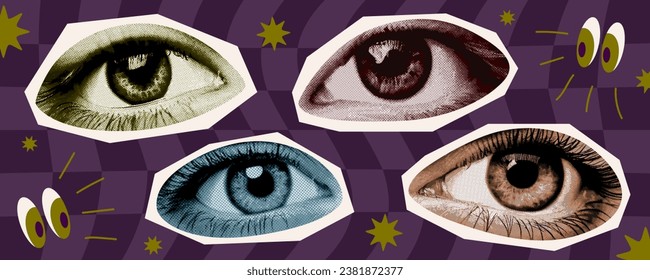 ojos aislados conjuntos elementos de collage para diseño de medios mixtos con pestañas iris pupil eyelid en textura media vintage estilo de arte pop punteado retro grunge loco concepto plantilla