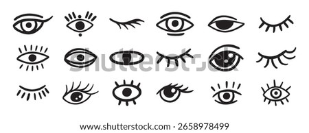 eyes and lashes doodle hand drawn icon set. Outline drawing line clipart symbol collection. Vector illustration