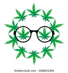 Eyes a leaf of marijuana in round glasses of hippy form. Vector illustration isolated on white background.