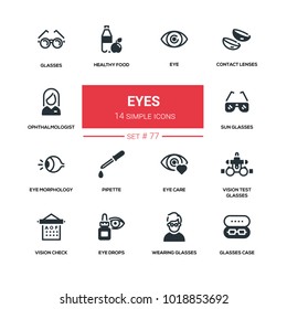 Ojos - conjunto de iconos de silueta de diseño de línea. Pictograma negro de alta calidad. Lentes de contacto, oftalmólogo, comida saludable, gafas de sol, mortología, pipeta, cuidado, gafas de prueba de visión, revisión, gotas, estuche