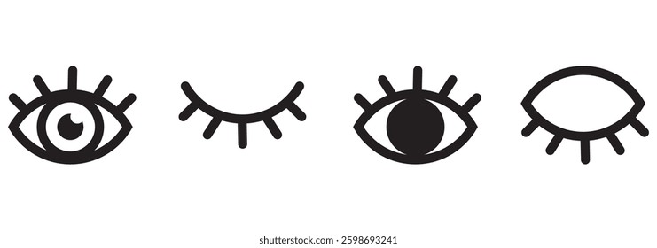 Eyes line icons. View and Eye icon set. See and unsee symbol. Show password. Open, closed, visible invisible concept, hidden password, icon vector symbol logo illustration line editable stroke.
