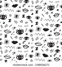 Eyes and lips with doodles vector seamless pattern