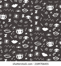 Eyes and lips with doodles vector seamless pattern