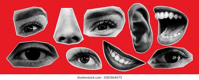 Eyes, lips and ear with halftone effect. Y2K collage design. Modern vector illustration