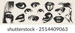  Eyes, lips, and a face with a monochrome effect of grainy halftone and dotted lines.Elements for the design of collages in the grunge-punk style. Vector illustration.