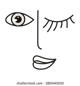 
Ojos, labios, boca y nariz sobre un fondo blanco.
Retrato de Doodle monocromo para uso como impresión para ropa y otros accesorios.
Diseño aislado de vectores minimalistas.