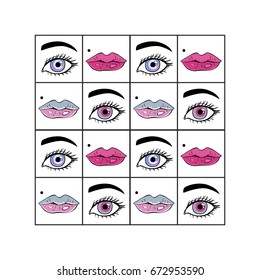 Eyes and lips part in the square.  Modern vector illustration of a comic style. Isolated on white background.