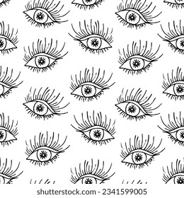 Eyes with long eyelashes. Eye iris, pupil and eyelid. Sketch. Seamless vector pattern. Doodle style. Isolated colorless background. Endless visual ornament. Idea for web design.