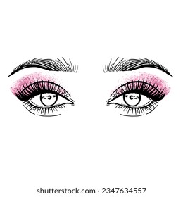 Ojos con pestañas largas, sombras rosas, ilustración vectorial