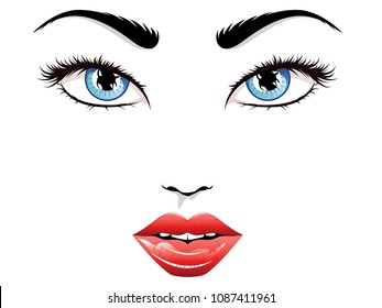 Eyes with long eyelashes and red lips, glamour portrait.