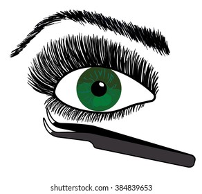 Eyes with long eyelashes and tweezers to build . Logo for eyelash extension eyebrow. Vector illustration.