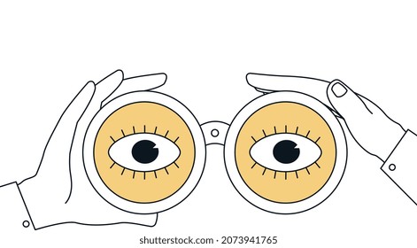 Eyes look forward, binoculars in hand. Concept target search, vision future.