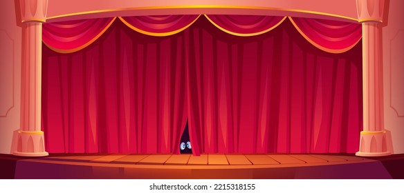 Eyes look out red curtains on theater stage. Funny human or animal character eyes hiding and looking from behind of wooden scene with drapery, column decor and wood floor, Cartoon vector Illustration