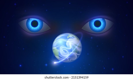 Eyes look from space to the planet Earth, God view concept