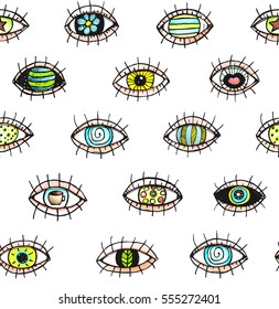 Eyes looking hand drawn seamless pattern background. Eye tileable backdrop, colorful doodle sketchy textured design. Vector illustration.