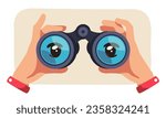 Eyes looking through binoculars in hands. Business person observing exploring future searching for ideas and strategy. Opportunity observation, perspective vision concept flat vector illustration