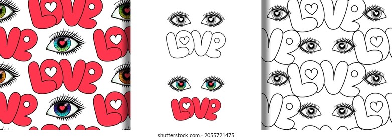 Eyes and Love Seamless Patterns set