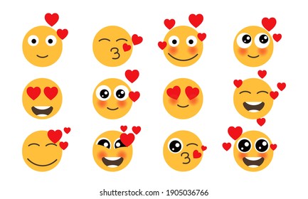 Eyes love set emoticons yellow face. Vector collection fun yellow loving humor mood  with hearts. Cartoon emoji character face kiss and flirt. Funny avatar illustration isolated white icon